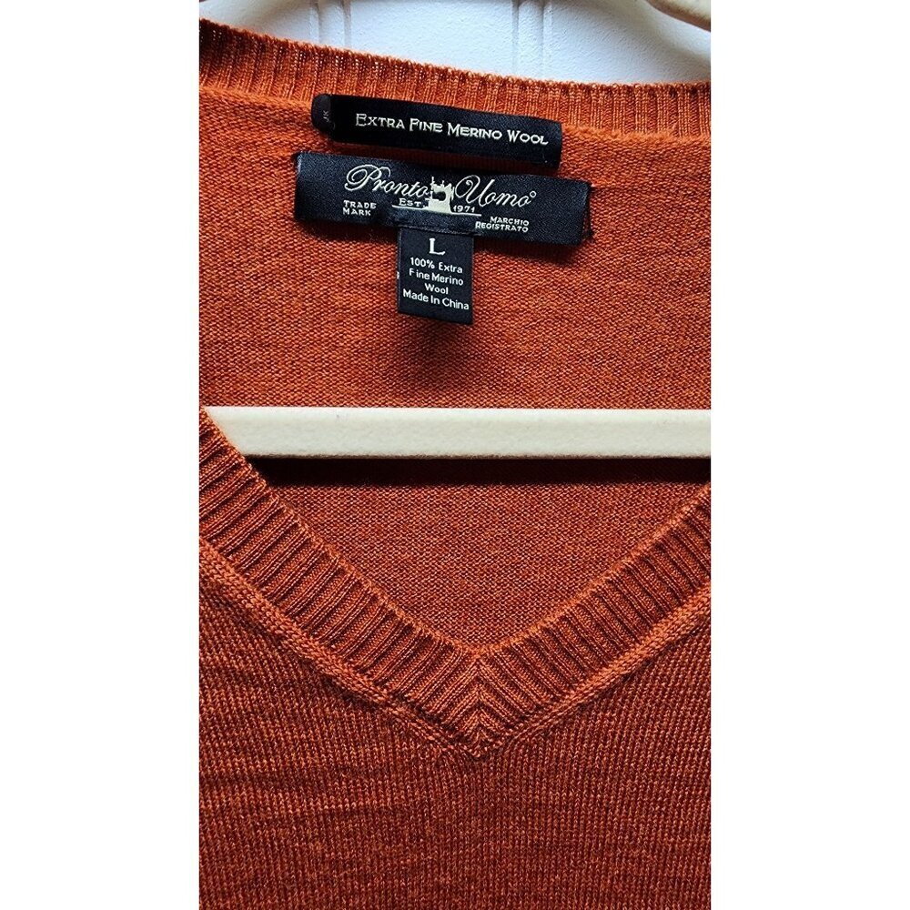 Mens Pronto Uomo Extra Fine Merino Wool V-Neck Sweater Rust Large - Picture 4 of 9